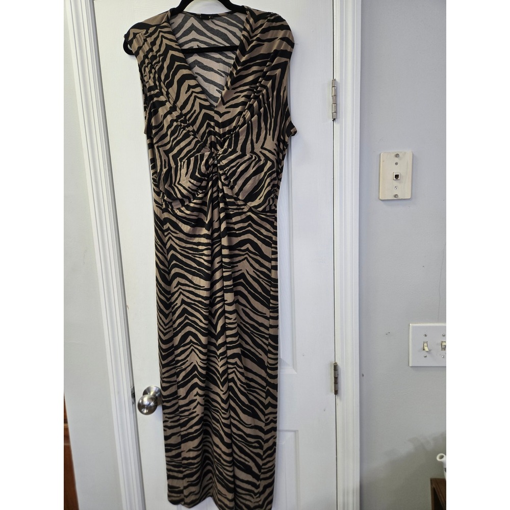 Iman Global Chic Zebra Print Twist Front Maxi Dress Tan Black XL Sleeveless